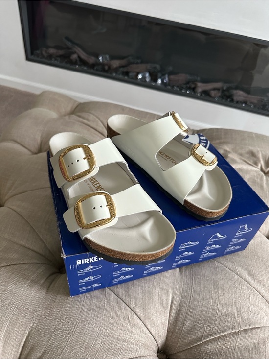 Birkenstock Shoes - Birkenstock White Double-Strap Sandals with Gold Buckles